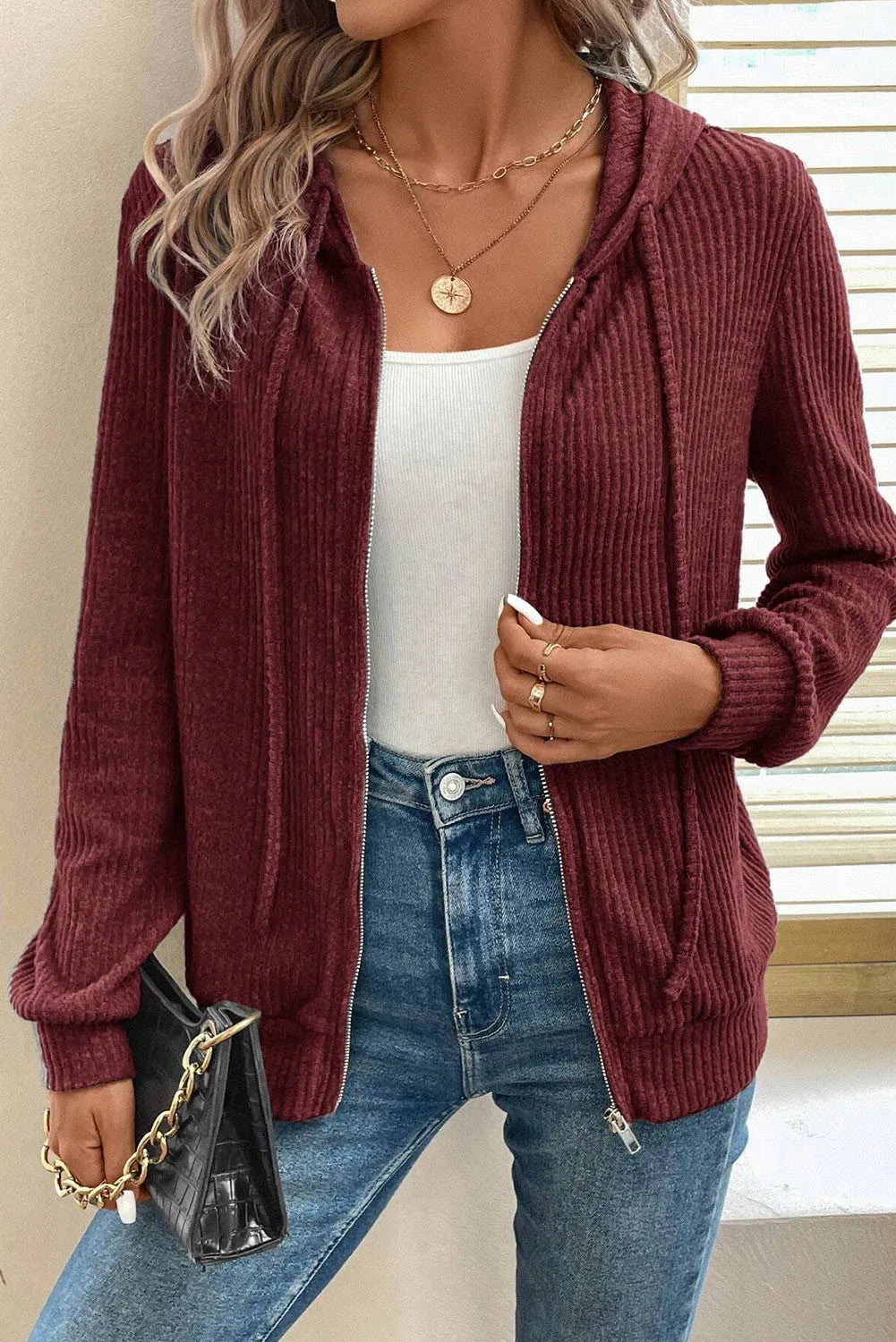 Drawstring Zip Up Long Sleeve Hooded Jacket