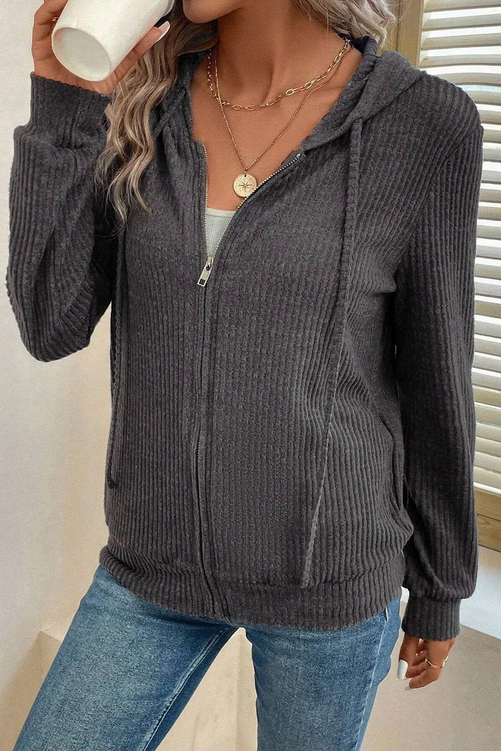 Drawstring Zip Up Long Sleeve Hooded Jacket