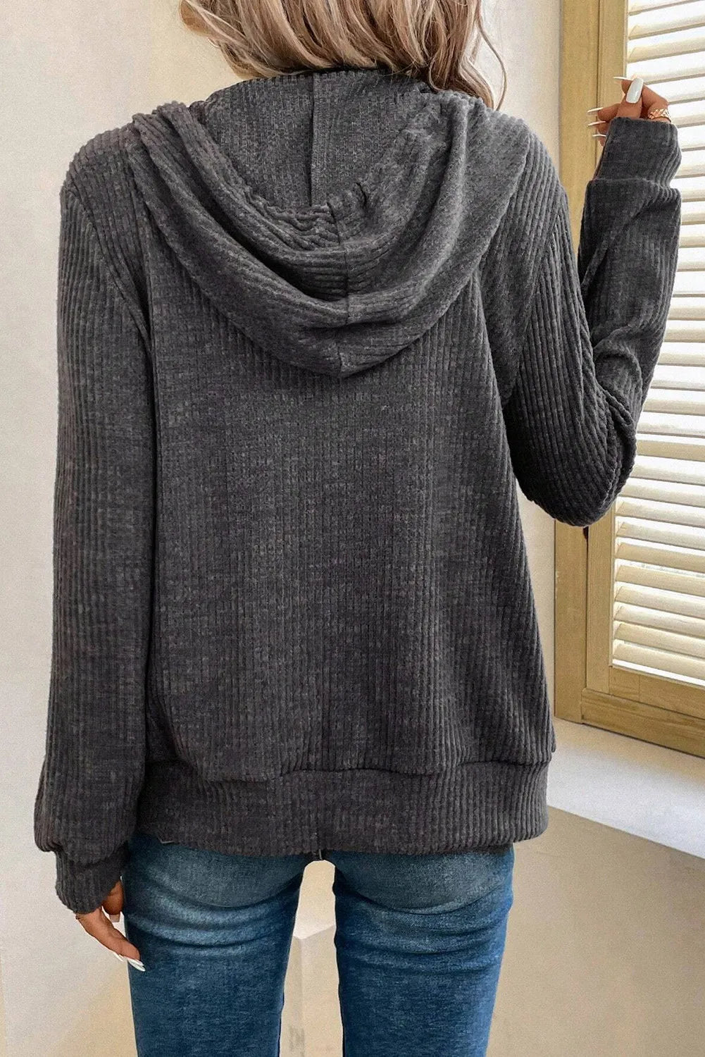 Drawstring Zip Up Long Sleeve Hooded Jacket