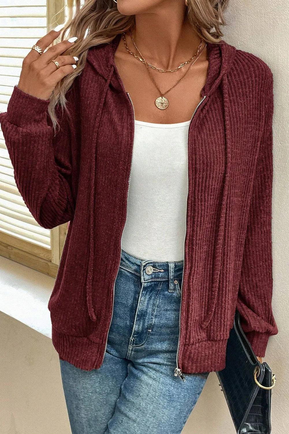 Drawstring Zip Up Long Sleeve Hooded Jacket