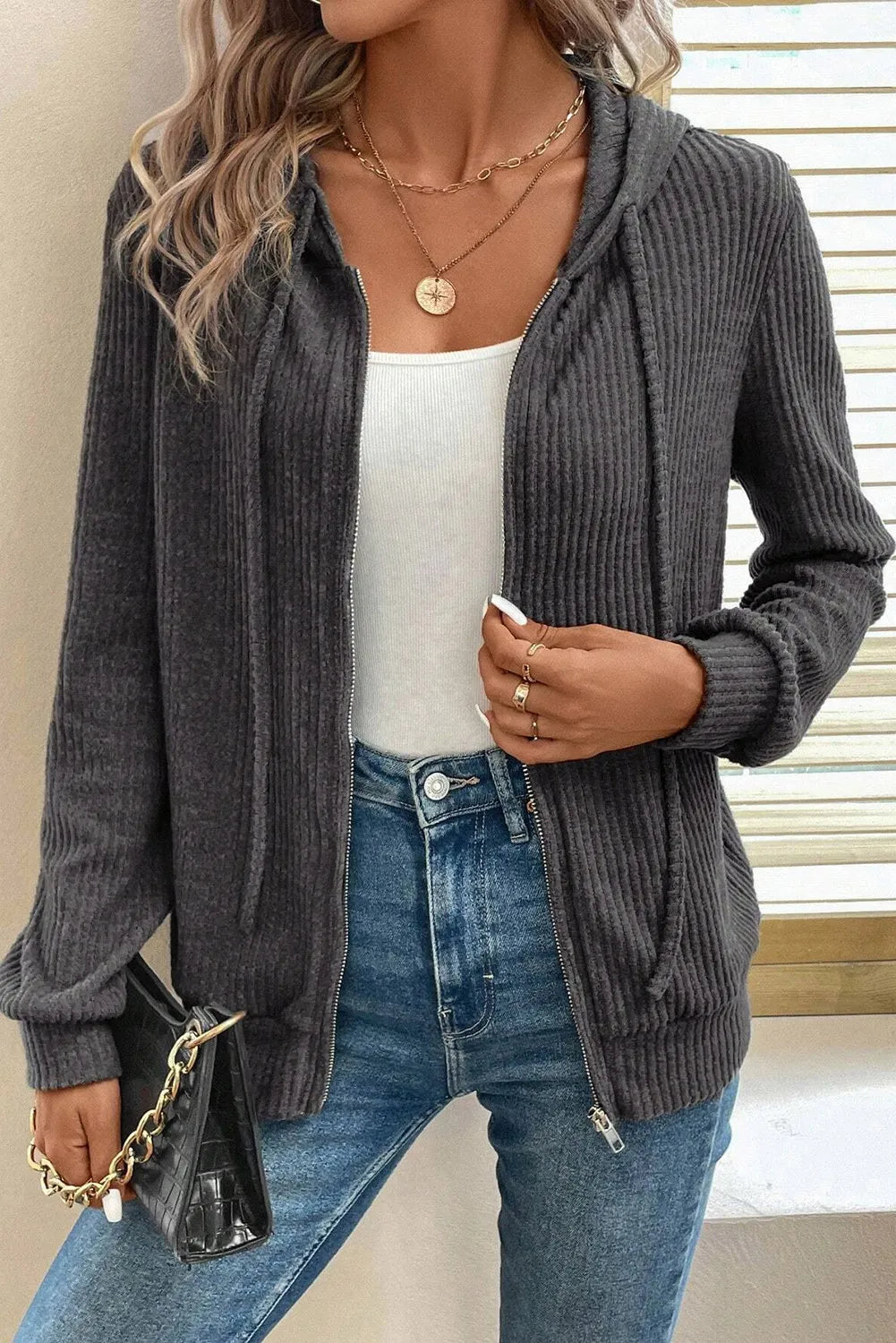 Drawstring Zip Up Long Sleeve Hooded Jacket