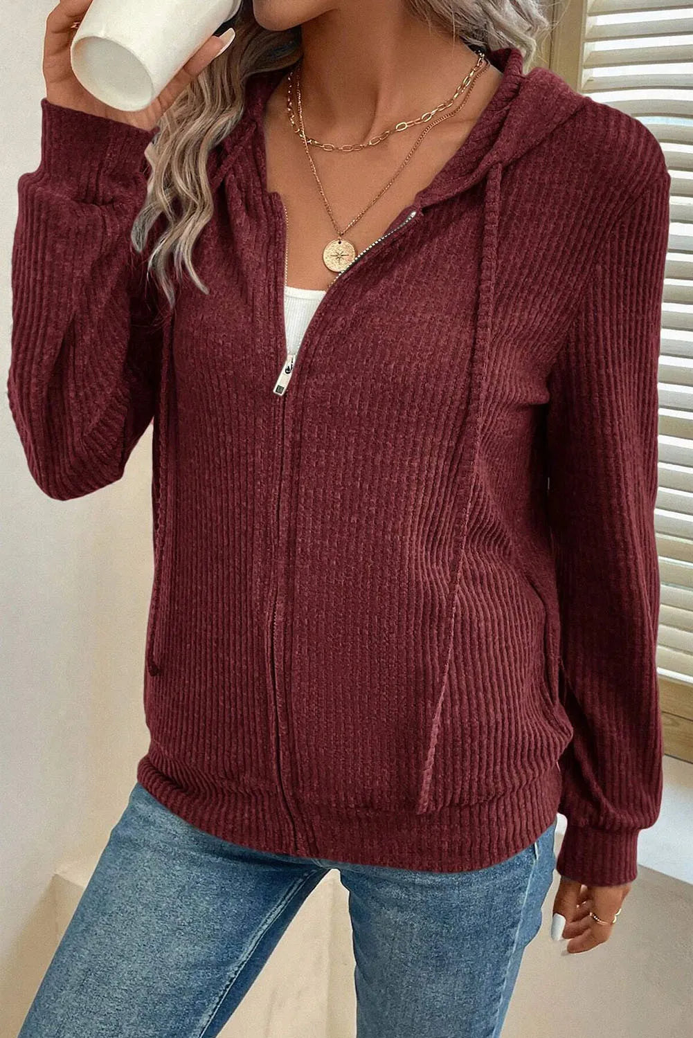 Drawstring Zip Up Long Sleeve Hooded Jacket