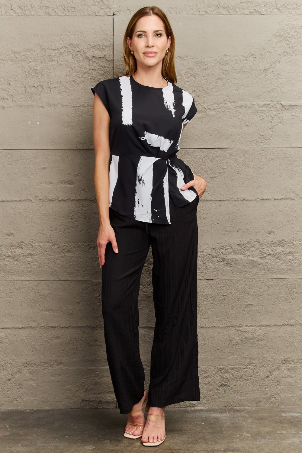 Perfee Printed Round Neck Short Sleeve Blouse