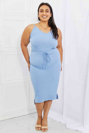 Capella Flatter Me Full Size Ribbed Front Tie Midi Dress in Pastel Blue
