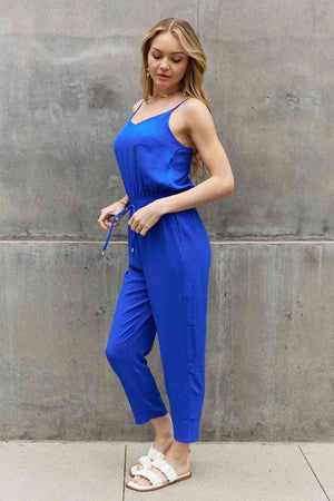 ODDI Full Size Textured Woven Jumpsuit in Royal Blue