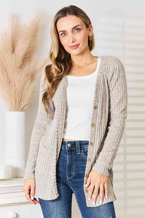 Double Take Ribbed Button-Up Cardigan with Pockets