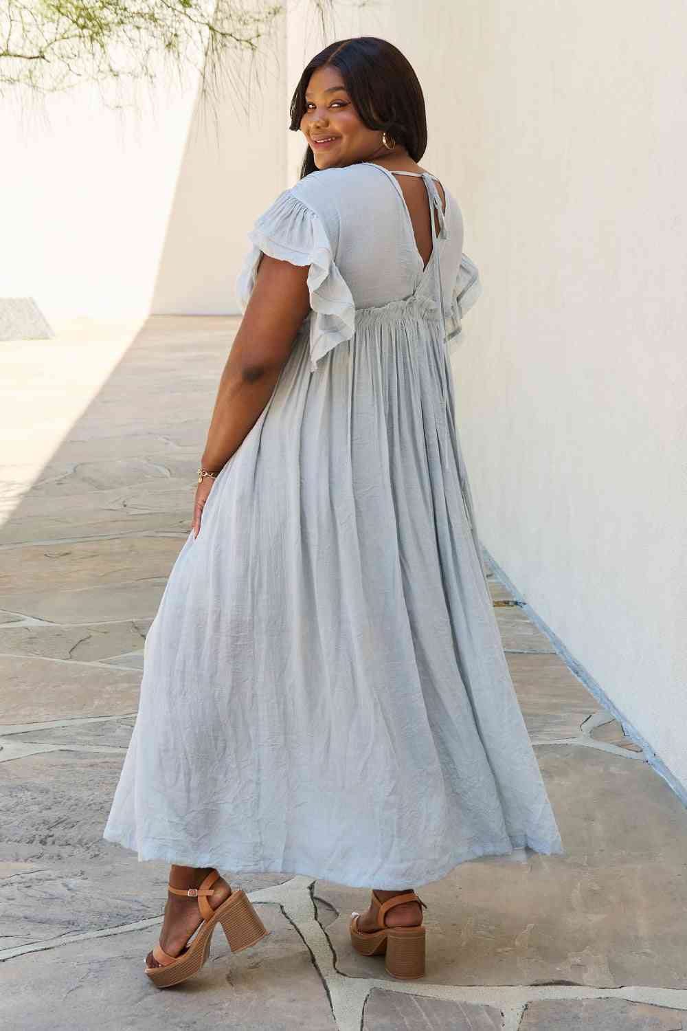 Sweet Lovely By Jen Full Size Drawstring Deep V Butterfly Sleeve Maxi Dress