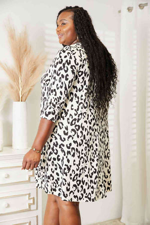 Celeste Full Size Leopard Three-Quarter Sleeve Dress with Pockets