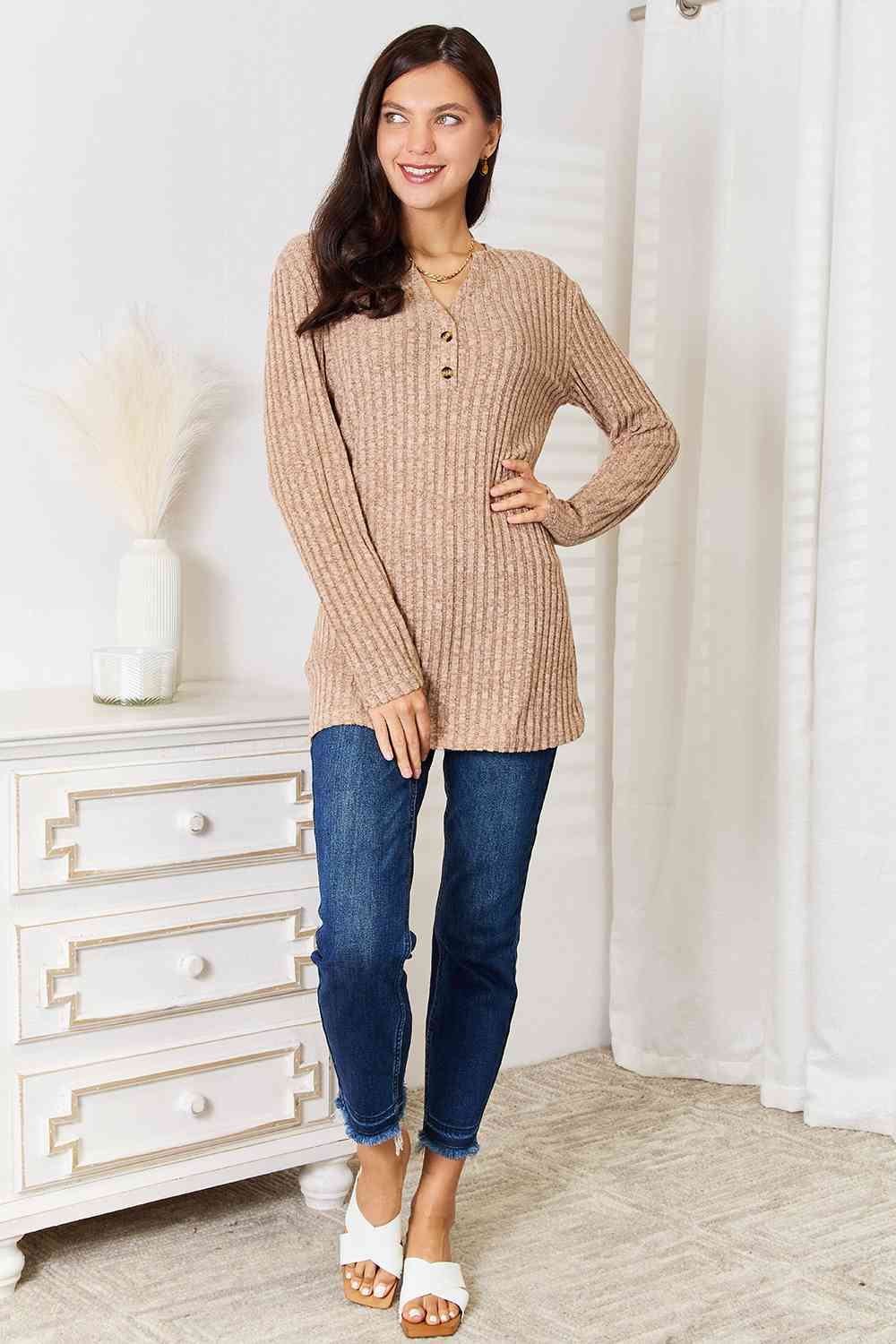 Double Take Notched Neck Ribbed Long Sleeve T-Shirt