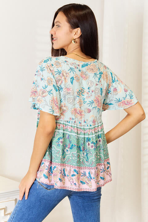 Double Take Floral Tie Neck Short Sleeve Blouse